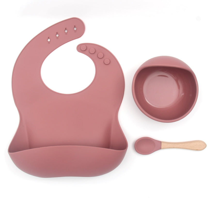 feeding set with bib, suction bowl and spoon in pink